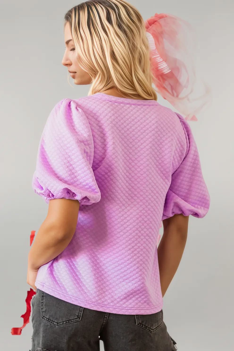 Phalaenopsis Solid Textured O Neck Puff Sleeve Blouse