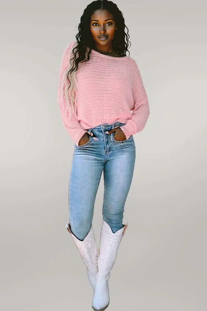 Pink Knitted Eyelets Round Neck Long Sleeve Top Pink 100%Polyester