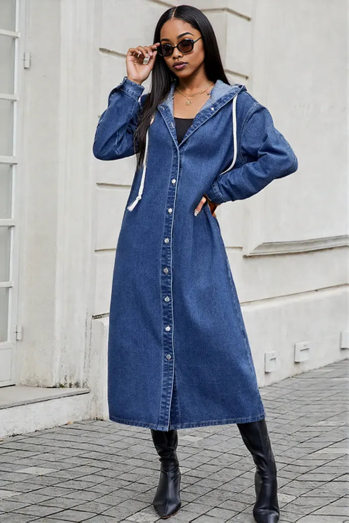 Button Up Long Sleeve Longline Hooded Denim Outerwear