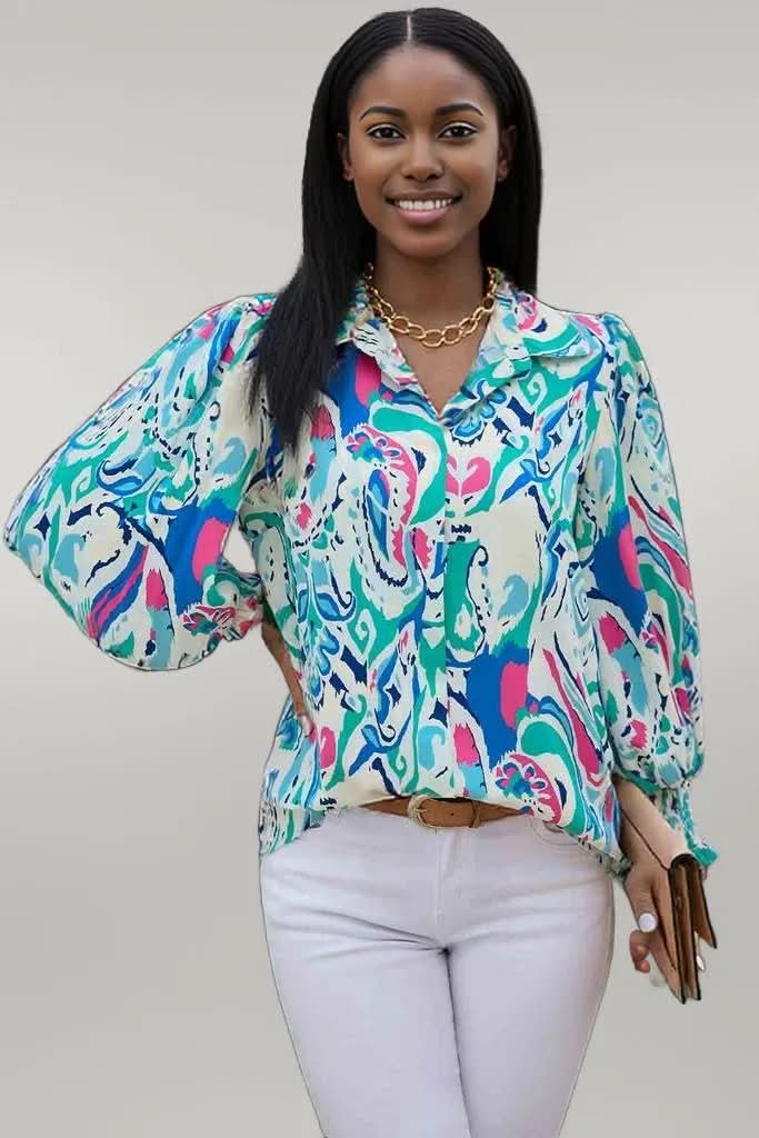 Printed Puff Sleeve Collared Blouse