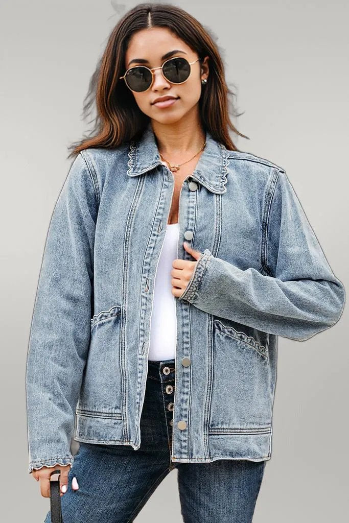 Sail Blue Scallop Trim Collar Patched Pocket Button Up Denim Jacket Myosotis 75%Cotton+25%Polyester