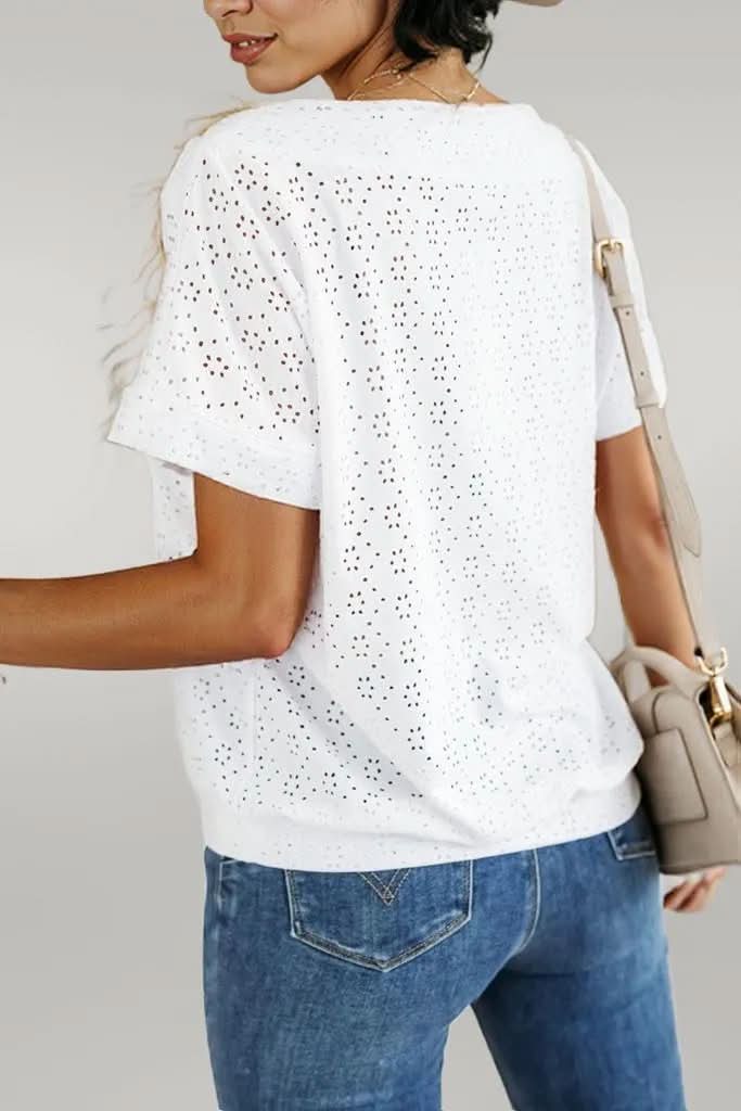 White Eyelet Pattern Boat Neck Casual Tee White 97%Polyester+3%Elastane