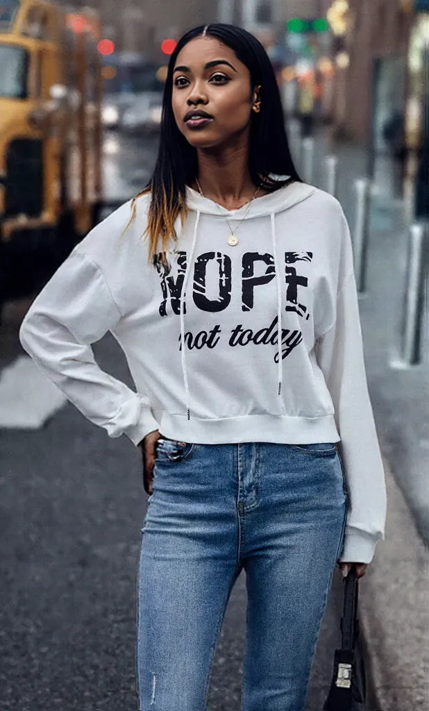 Letter Graphic Long Sleeve Drawstring Hoodie White