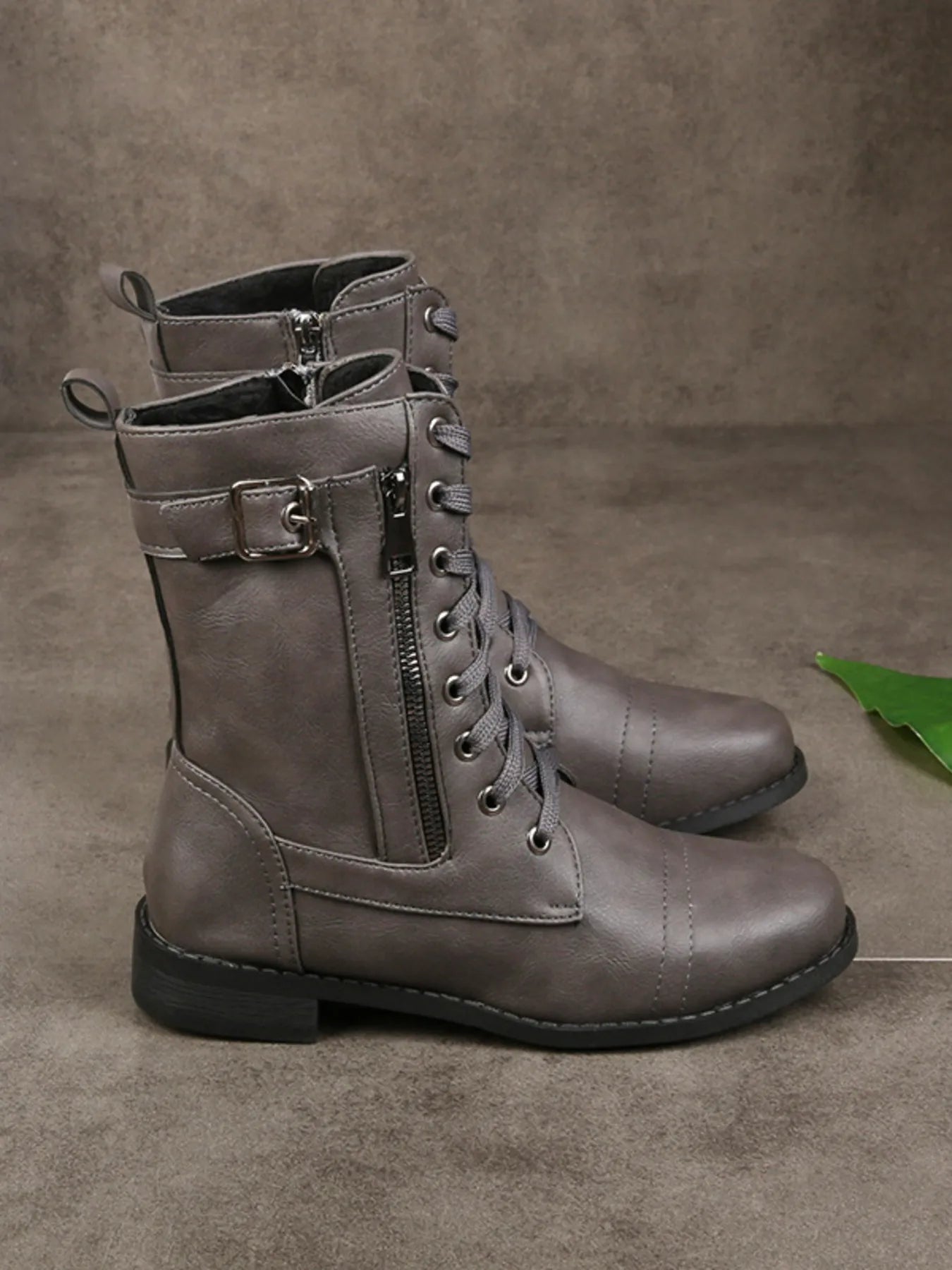Lace-Up Buckle Detail Boots Gray