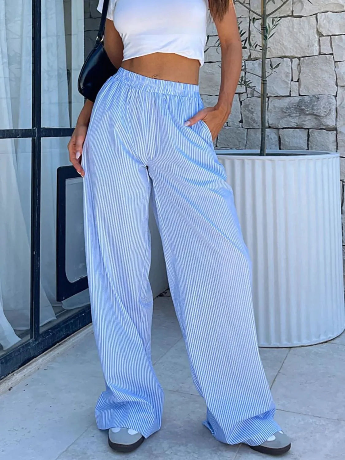 Pocketed Striped Wide Leg Pants Light Blue