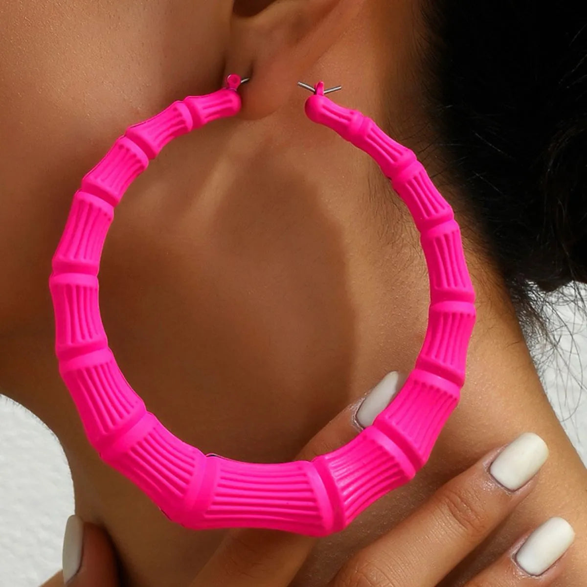 Stainless Steel Textured Hoop Earrings Hot Pink One Size