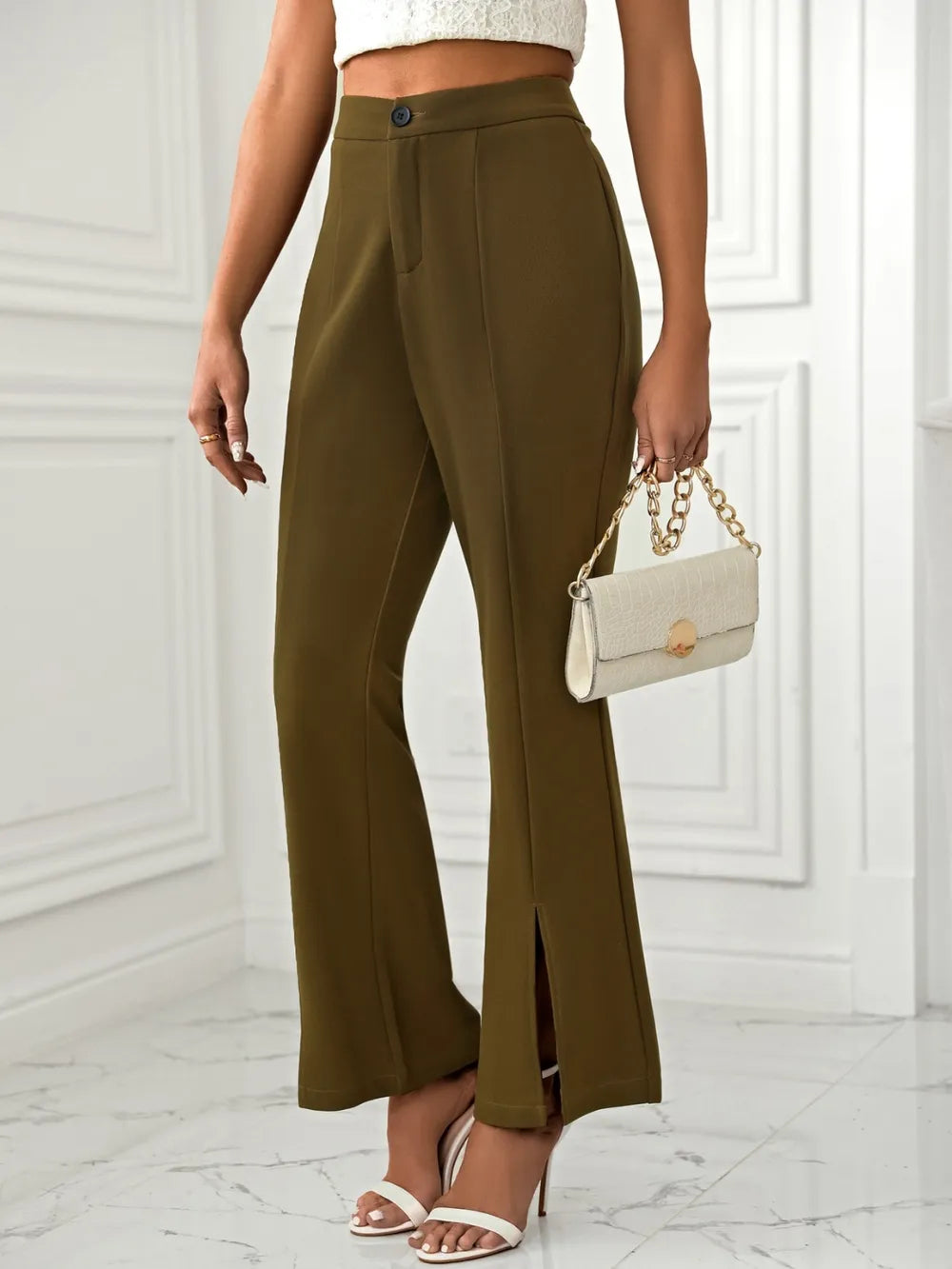 Slit Flare Pants with Pockets Olive Brown
