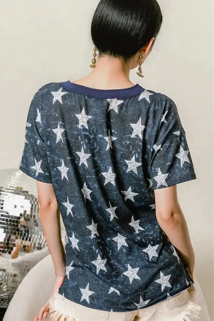 BiBi Vintage Star Print Top With Contrast Caged Neck