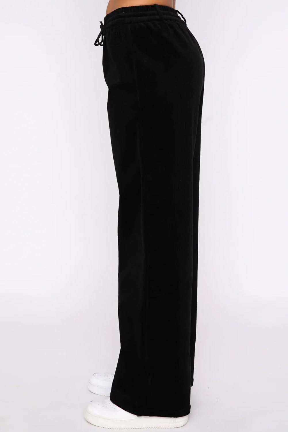 Black Solid Drawstring Waist Wide Leg Pants Black 95%Polyester+5%Elastane