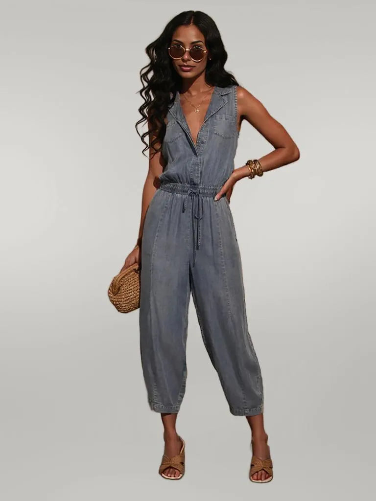 Sleeveless Drawstring Waist Washed Denim Jumpsuit