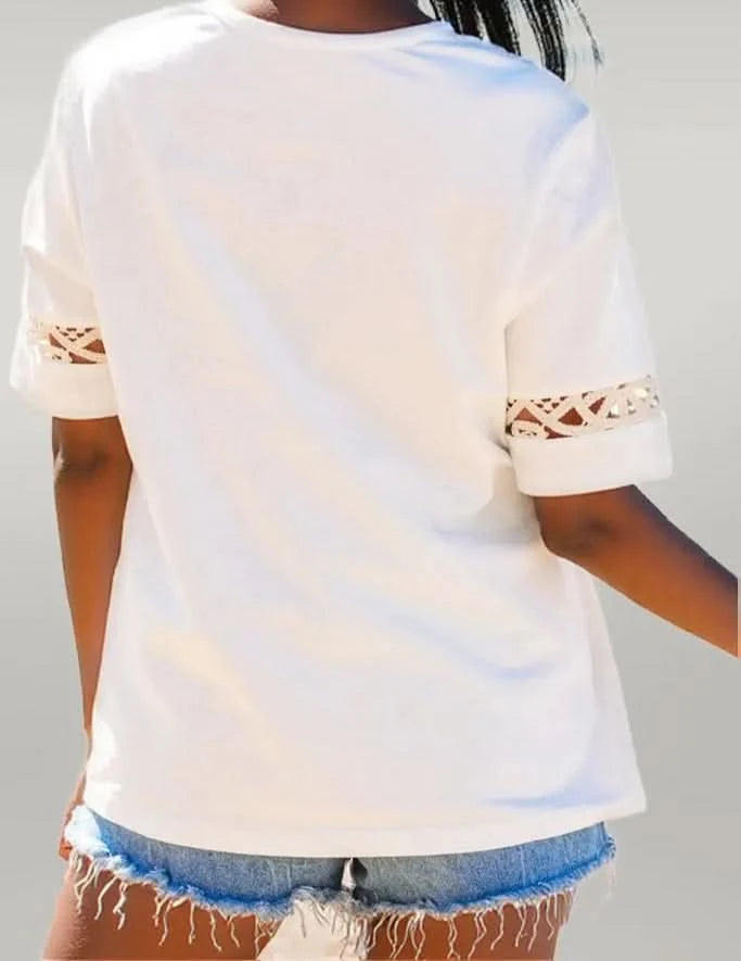 Lace Crochet Crew Neck Casual T Shirt White