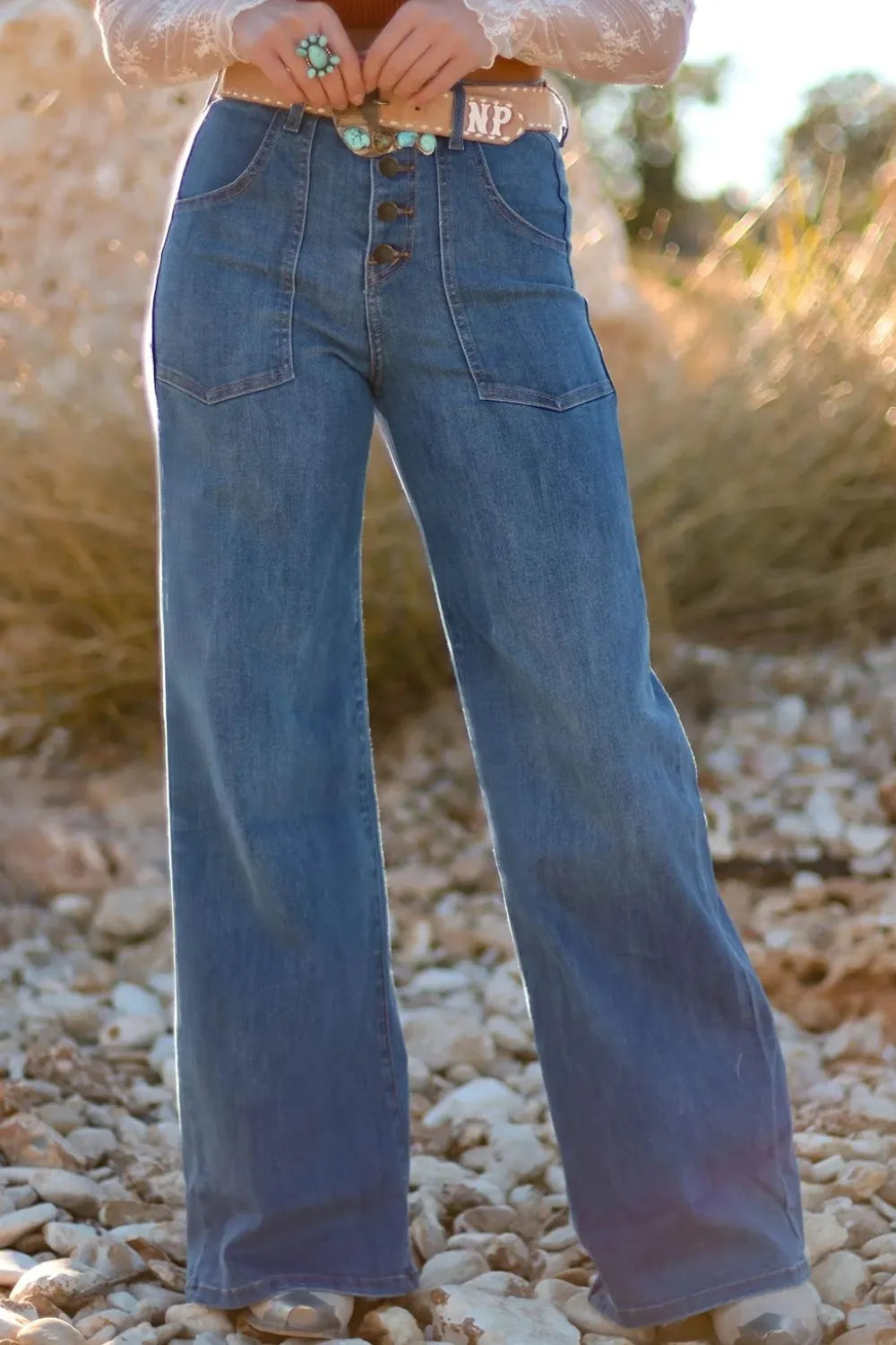 High-Waisted Wide-Leg Button-Front Jeans Medium