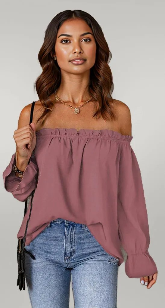 Off-Shoulder Flounce Sleeve Blouse Dusty Pink