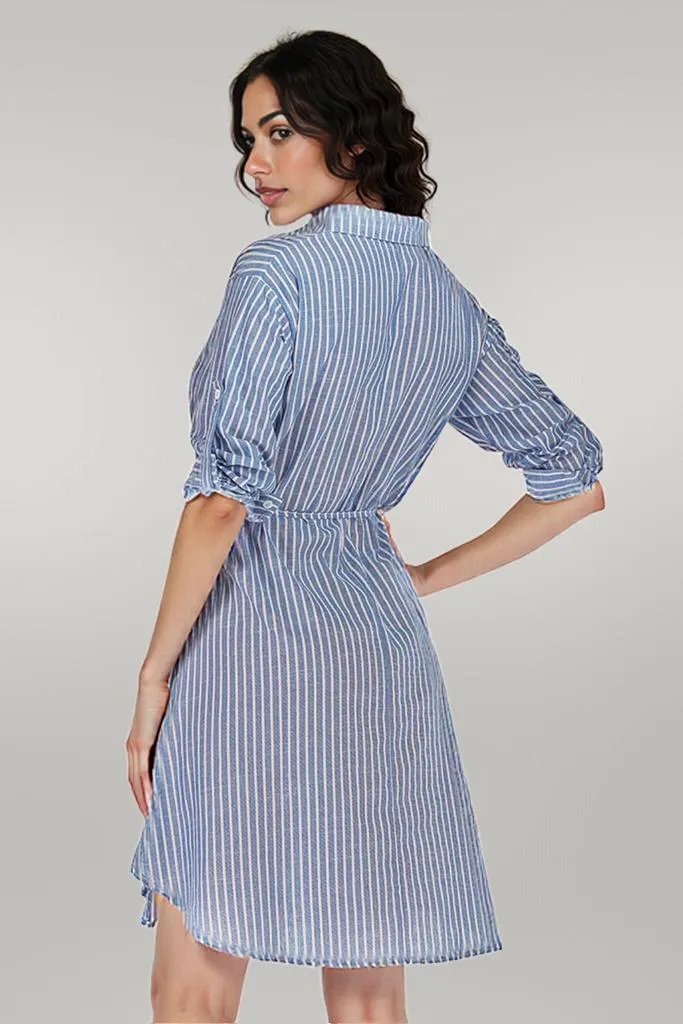Full Size Striped Quarter-Button Roll-Tab Sleeve Shirt Dress