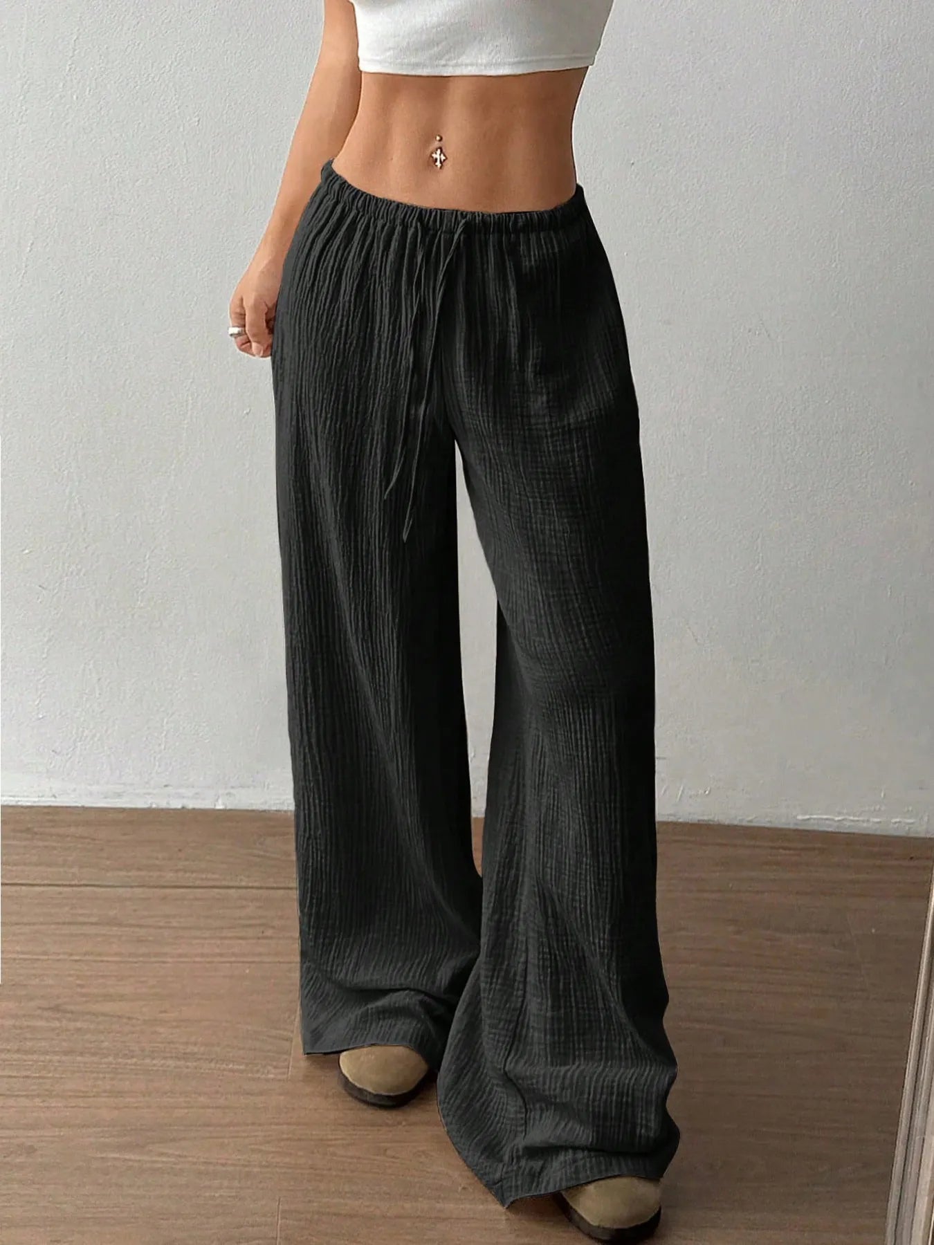Drawstring Wide-Leg Casual Pants Black