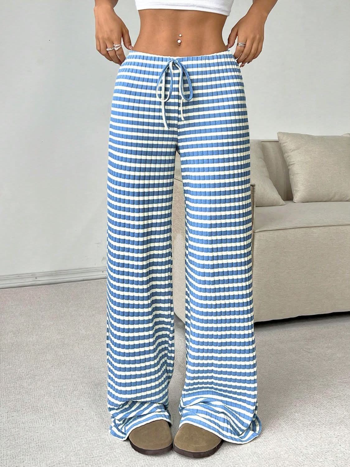 Tied Striped Wide Leg Pants Light Blue