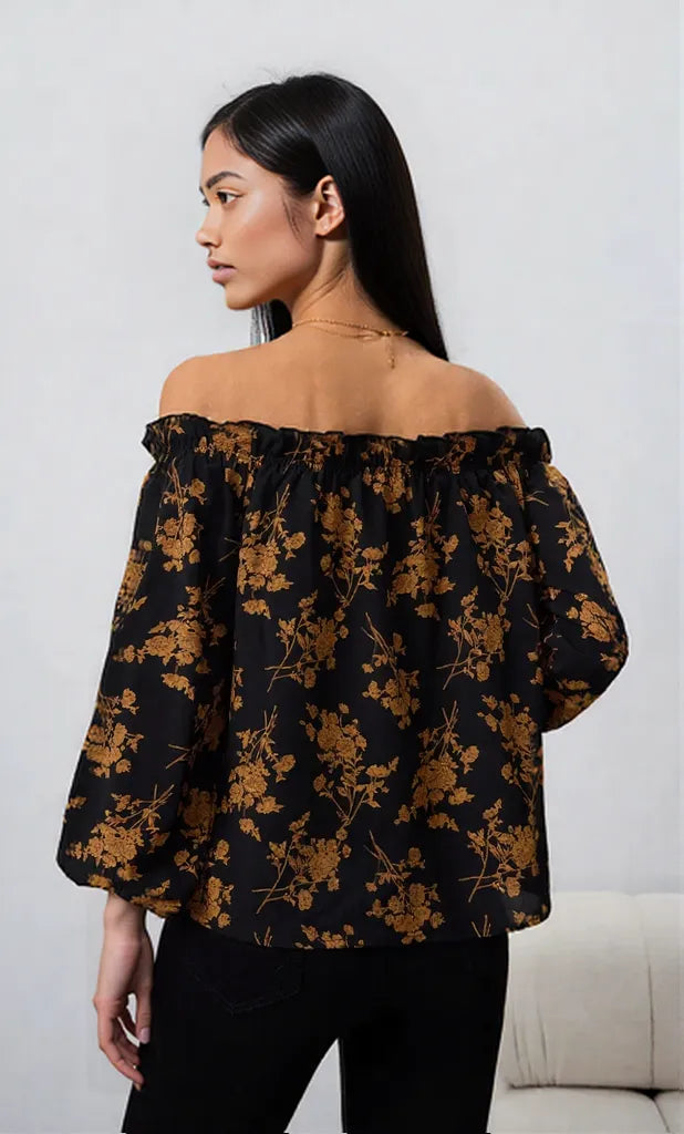 Printed Off-Shoulder Balloon Sleeve Blouse