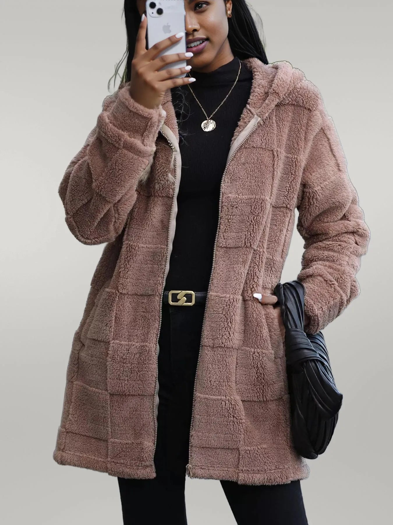 Fleece Zip Up Hooded Outerwear Khaki