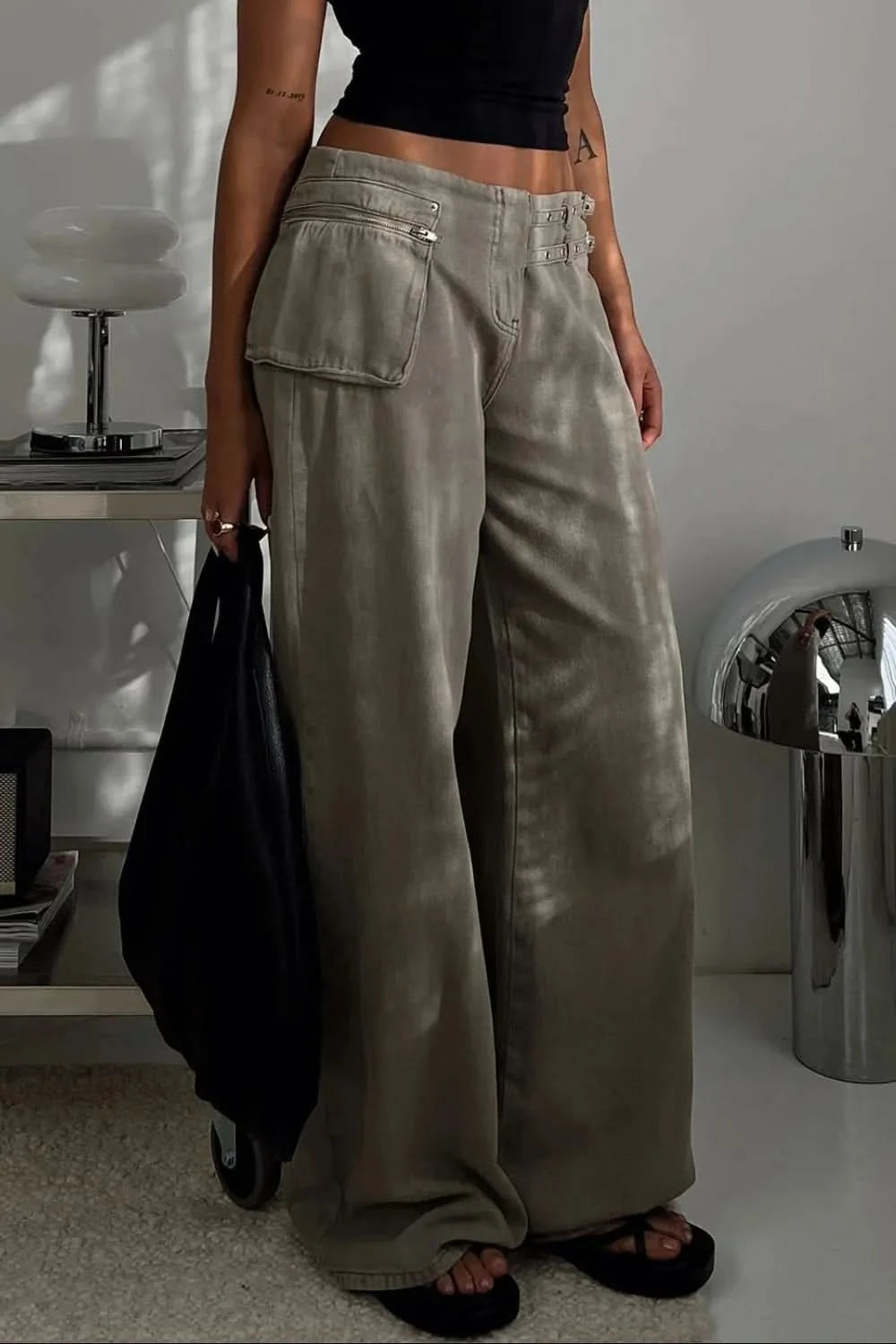 Wide Leg Jeans with Pockets Dark Gray