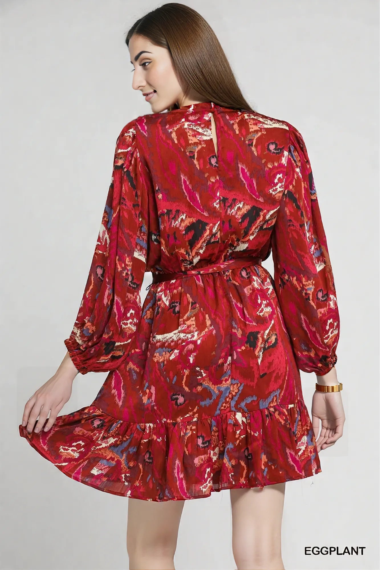 Umgee Ruffled Hem Printed Balloon Sleeve Dress EGGPLANT