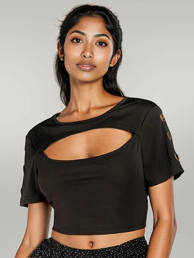 Cutout Grommet Detail Cropped Tee Black