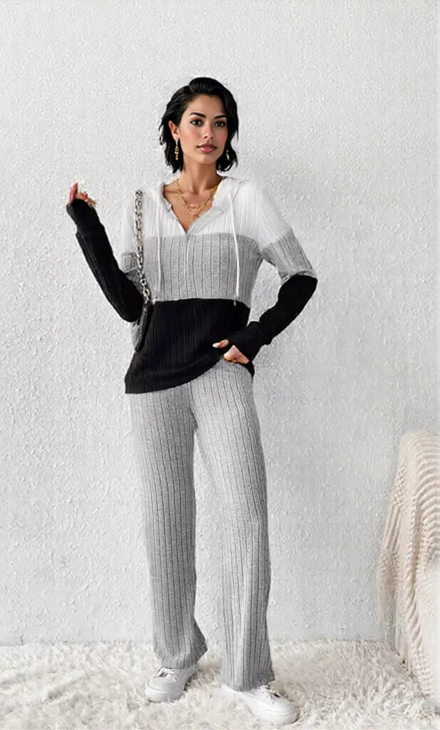 Color Block Half Zip Hooded Top and Pants Set Light Gray