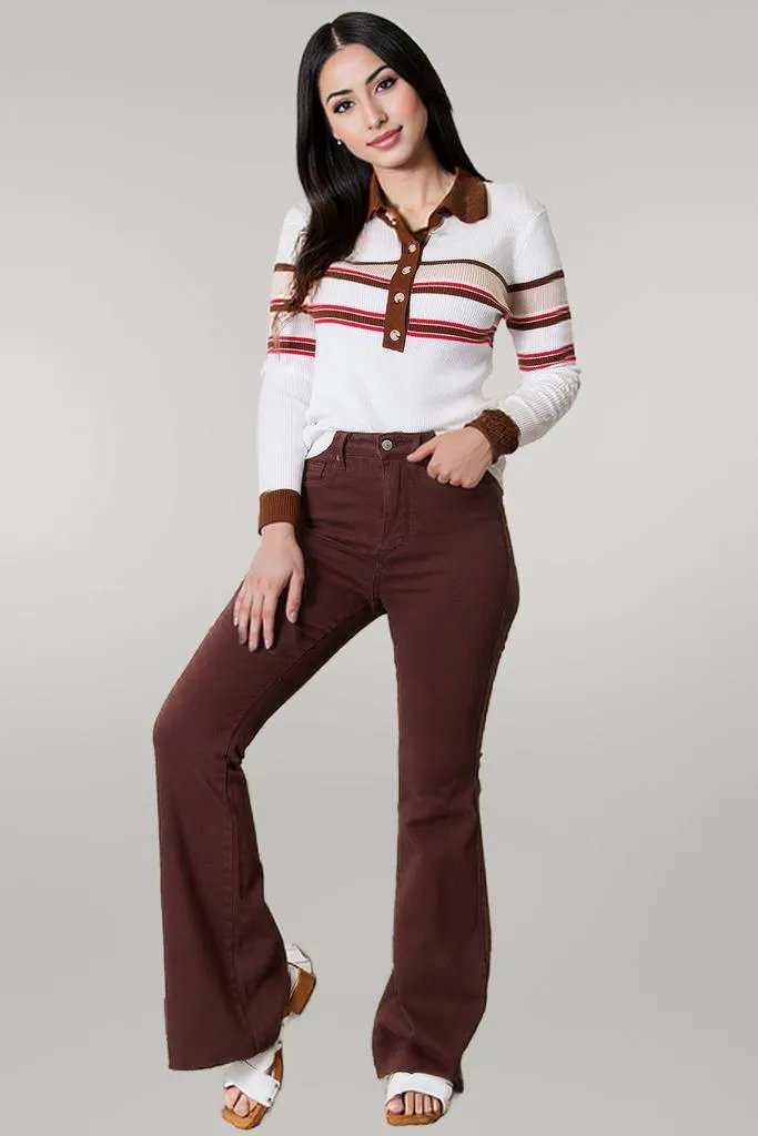 Basic Bae Striped Collared Neck Rib-Knit Top Beige
