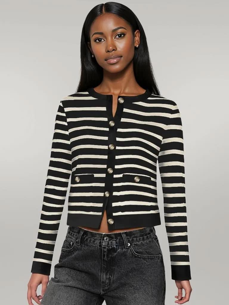 Striped Round Neck Button Up Long Sleeve Cardigan Black