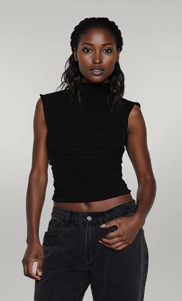Lovelet Ruched Mock Neck Tank Black