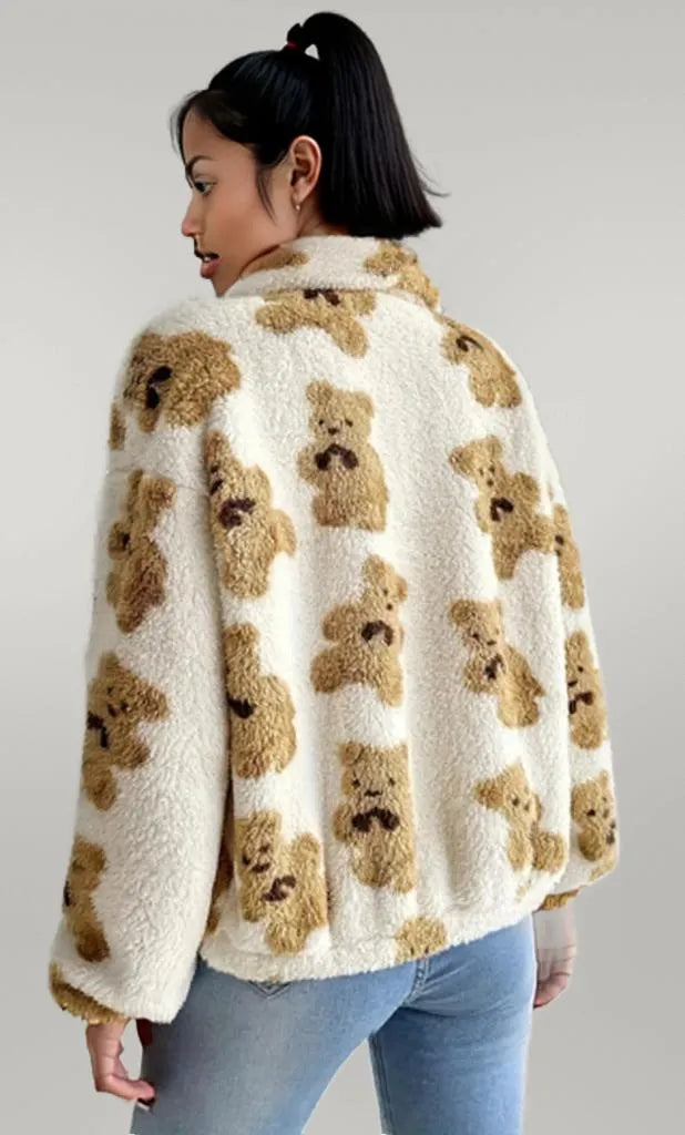 Bear Print Fleece Zip Up Outerwear