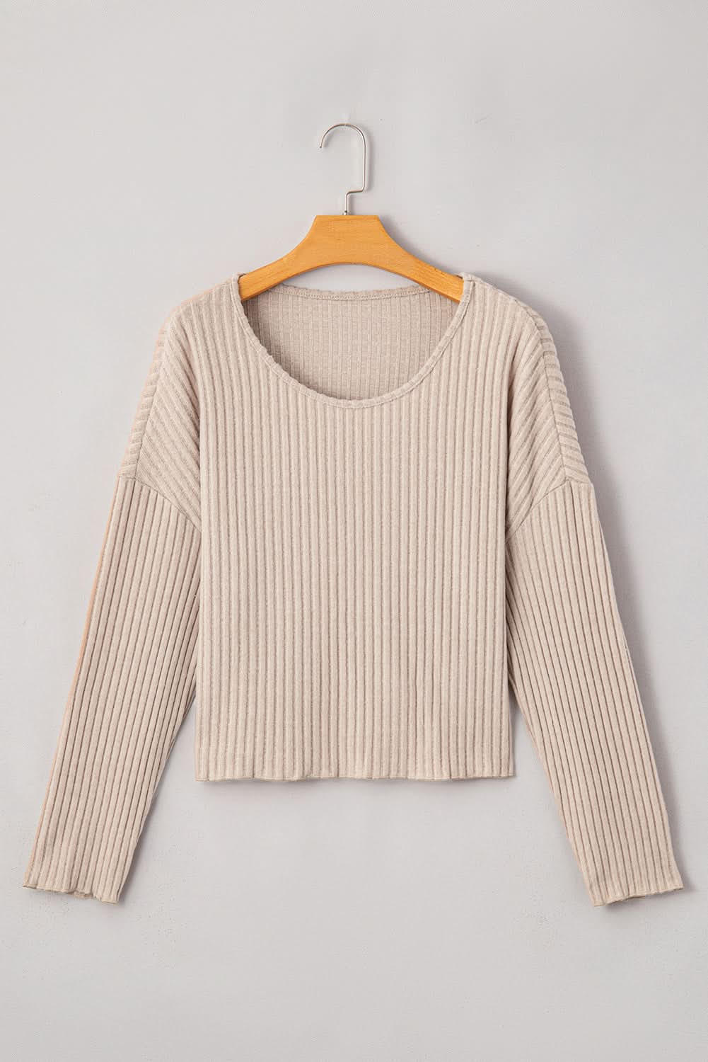 Beige Lettuce Cuffs Drop Shoulder Loose Ribbed Knit Top Beige 95%Polyester+5%Elastane