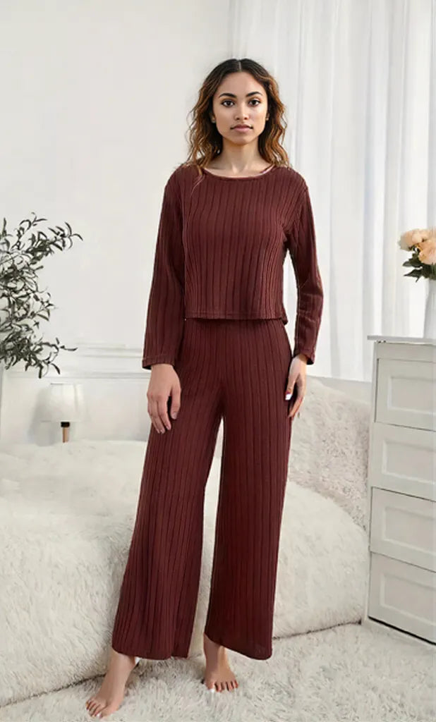 Ribbed Round Neck Long Sleeve Top and Pants Lounge Set