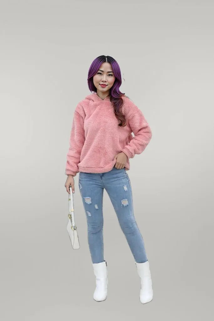 Fuzzy Long Sleeve Hoodie with Ears