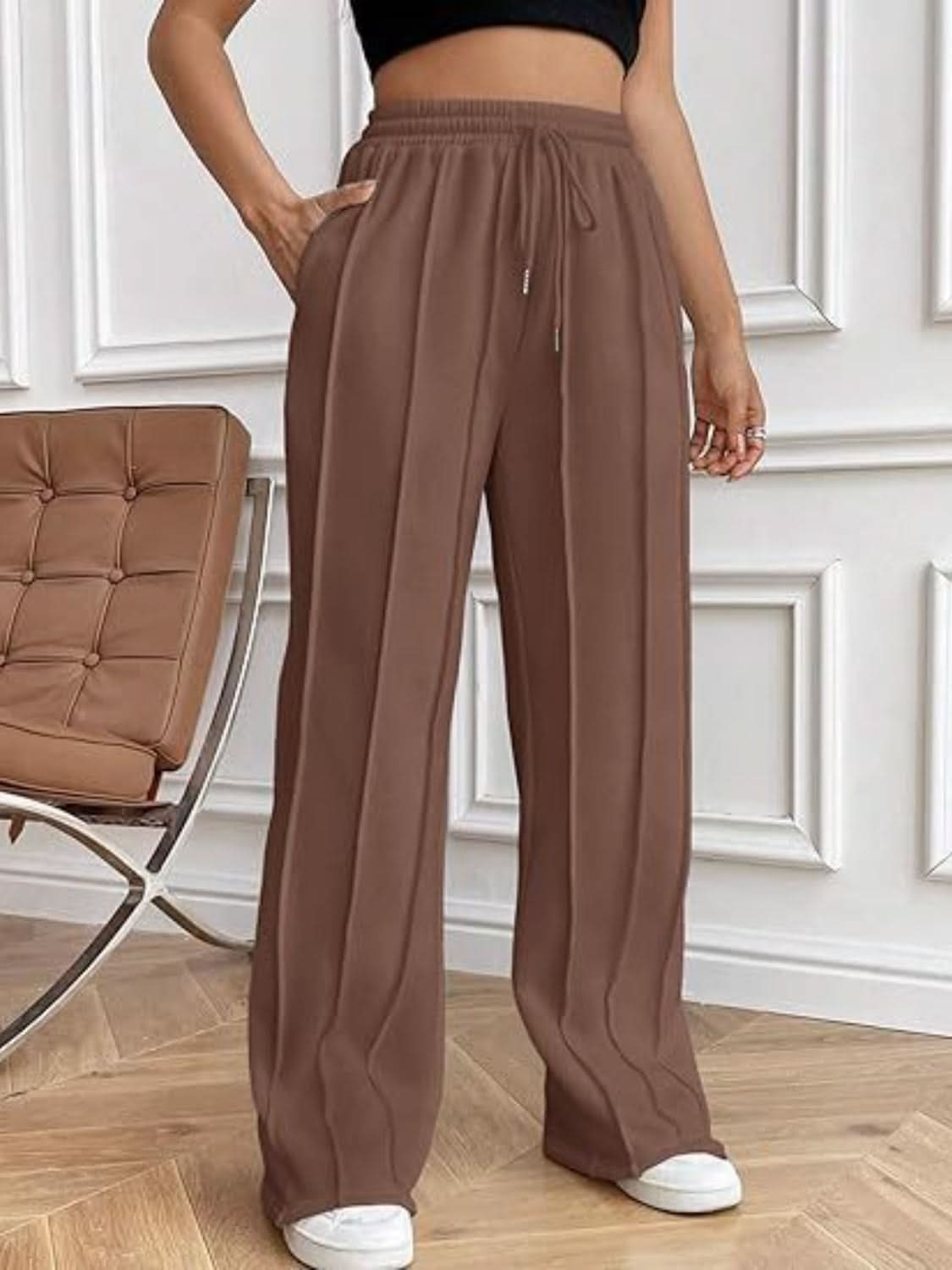 Drawstring Wide Leg Pants with Pockets Brown