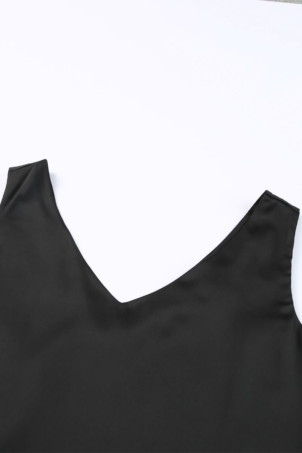 Black Deep V Neck Loose Tank Top Black 100%Polyester