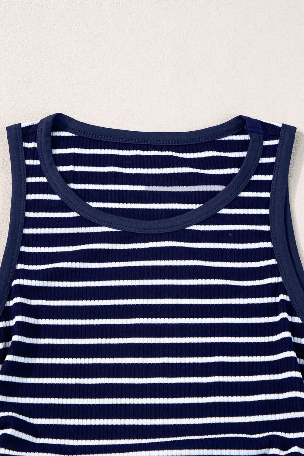 Pink Stripe Contrast Round Neck Sleeveless Slim Top Blue Stripe 95%Polyester+5%Elastane
