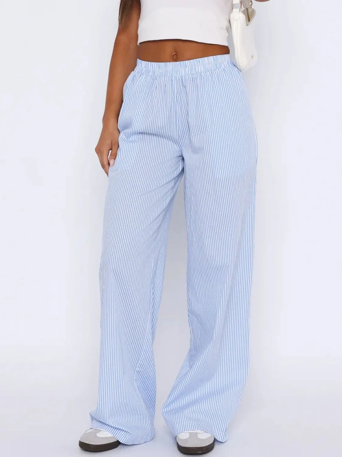 Pocketed Striped Wide Leg Pants
