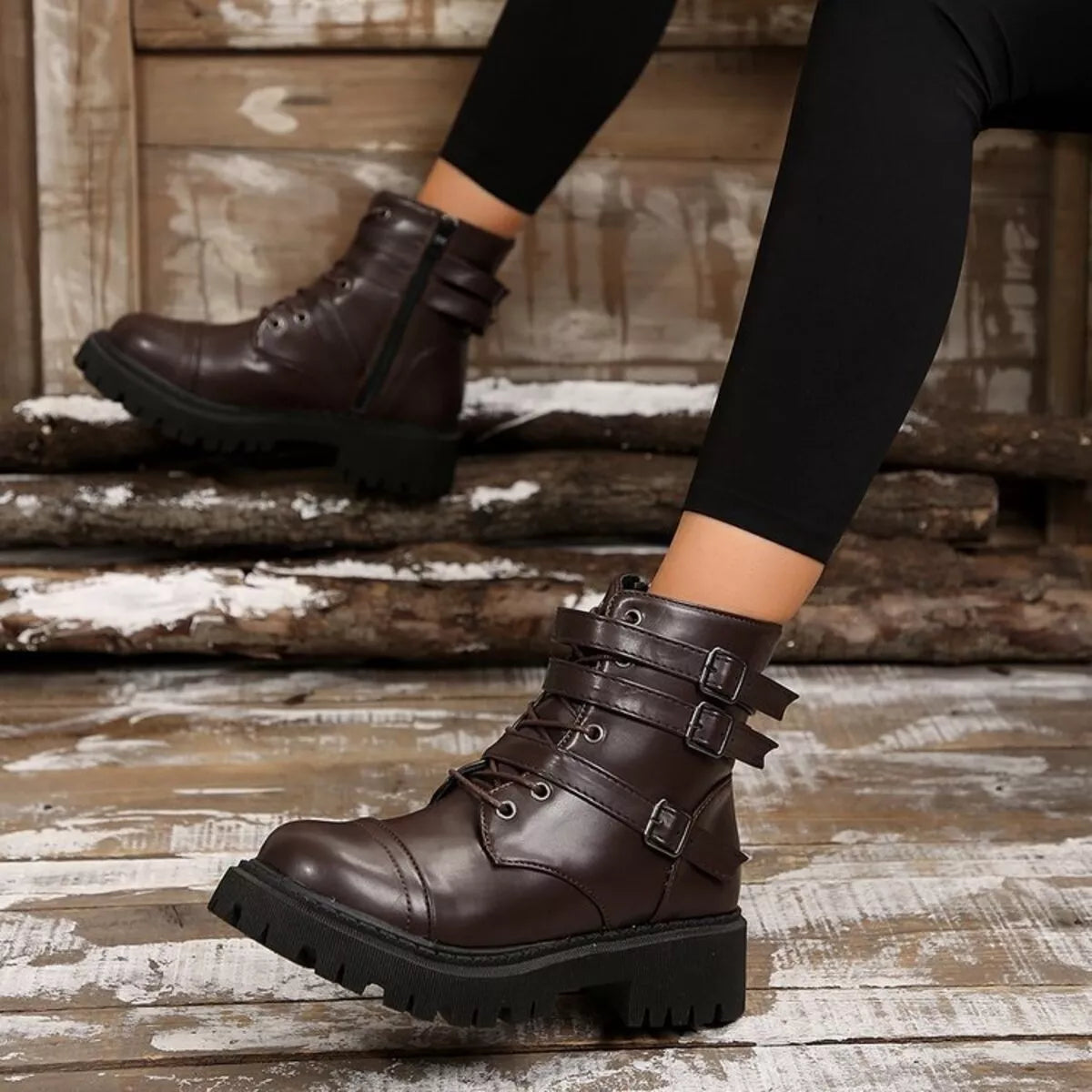 Round Toe Platform Boots Dark Brown