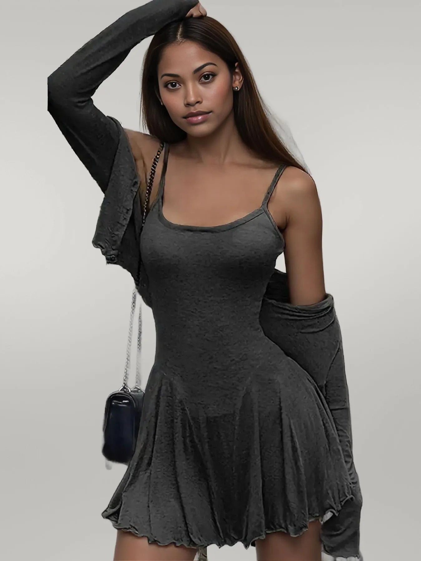 Long Sleeve Crop Top and Cami Dress Set