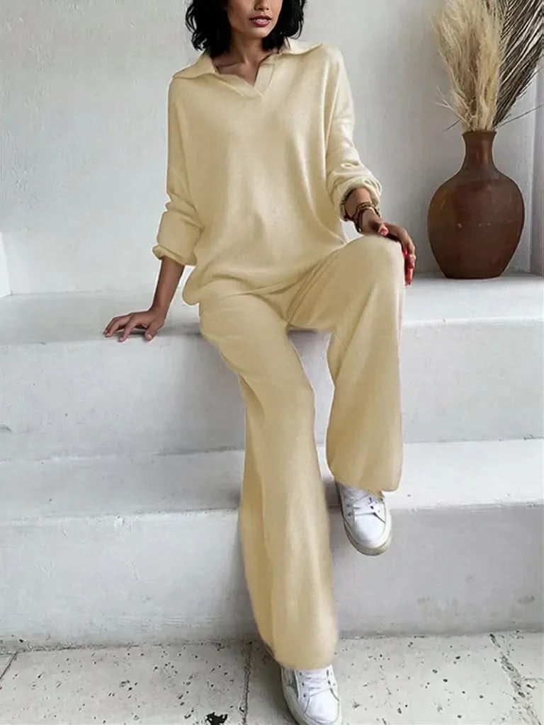 Johnny Collar Long Sleeve Top and Pants Sweater Set Tan One Size