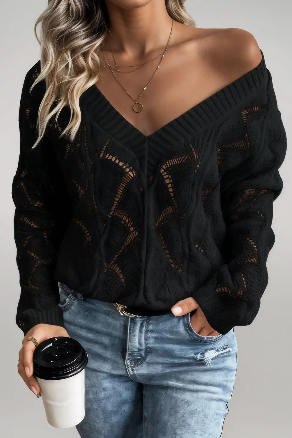 Mint Green Hollow Out Knit V Neck Drop Shoulder Sweater Black 48%Acrylic+42%Polyamide+10%Wool