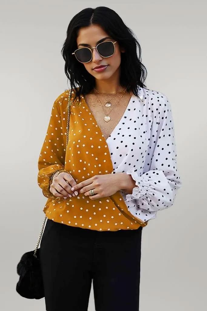 Ivy Lane Polka Dot Surplice Neck Lantern Sleeve Blouse