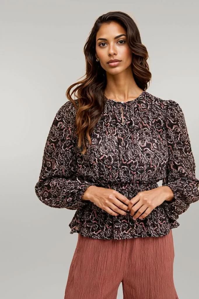 Annie Wear Abstract Print Balloon Sleeve Peplum Blouse