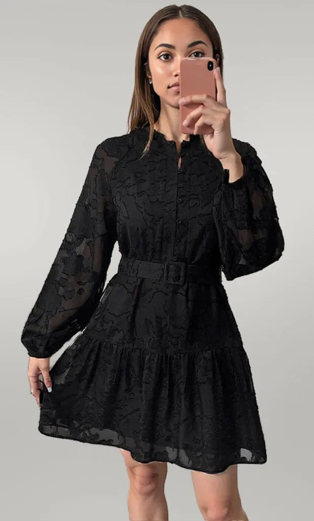 Button-Front Balloon Sleeve Mini Dress Black