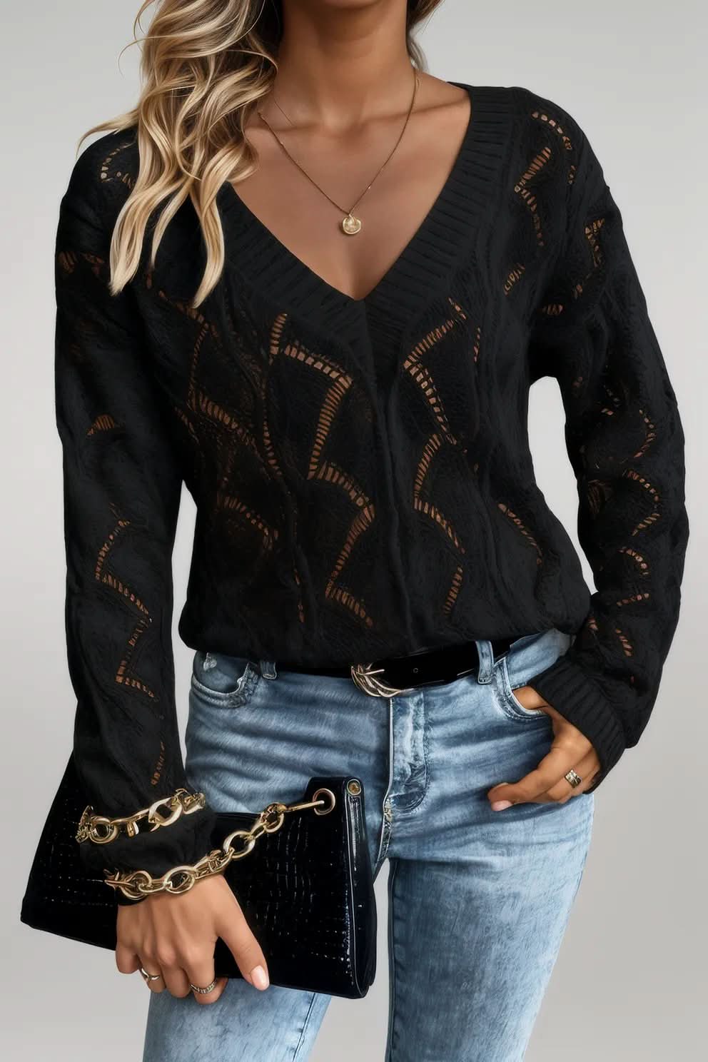 Mint Green Hollow Out Knit V Neck Drop Shoulder Sweater Black 48%Acrylic+42%Polyamide+10%Wool