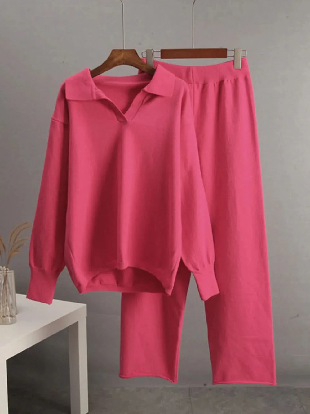 Johnny Collar Long Sleeve Top and Pants Sweater Set Hot Pink One Size