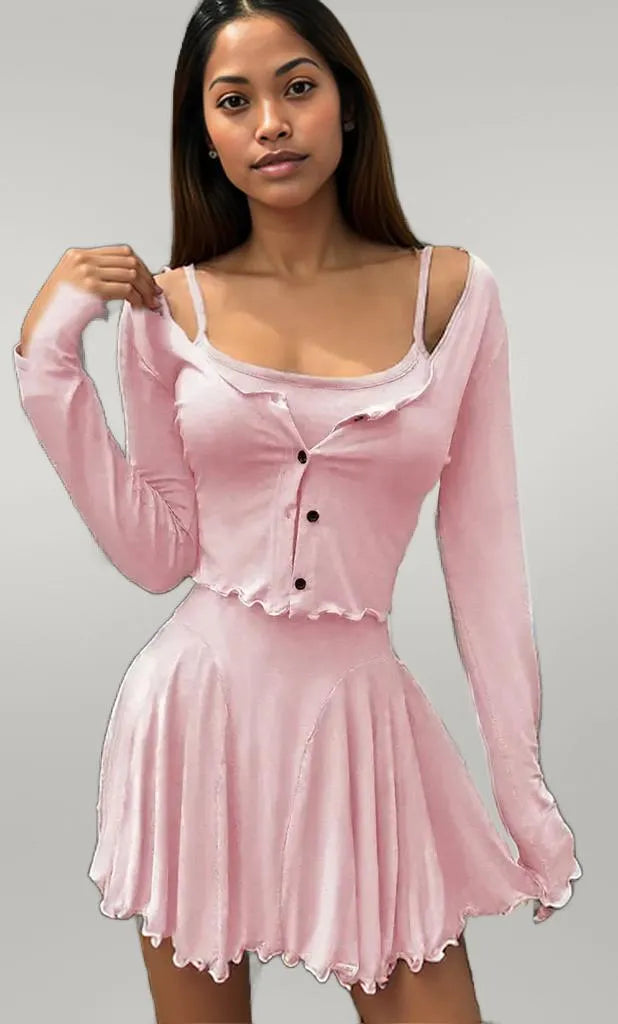 Long Sleeve Crop Top and Cami Dress Set Blush Pink