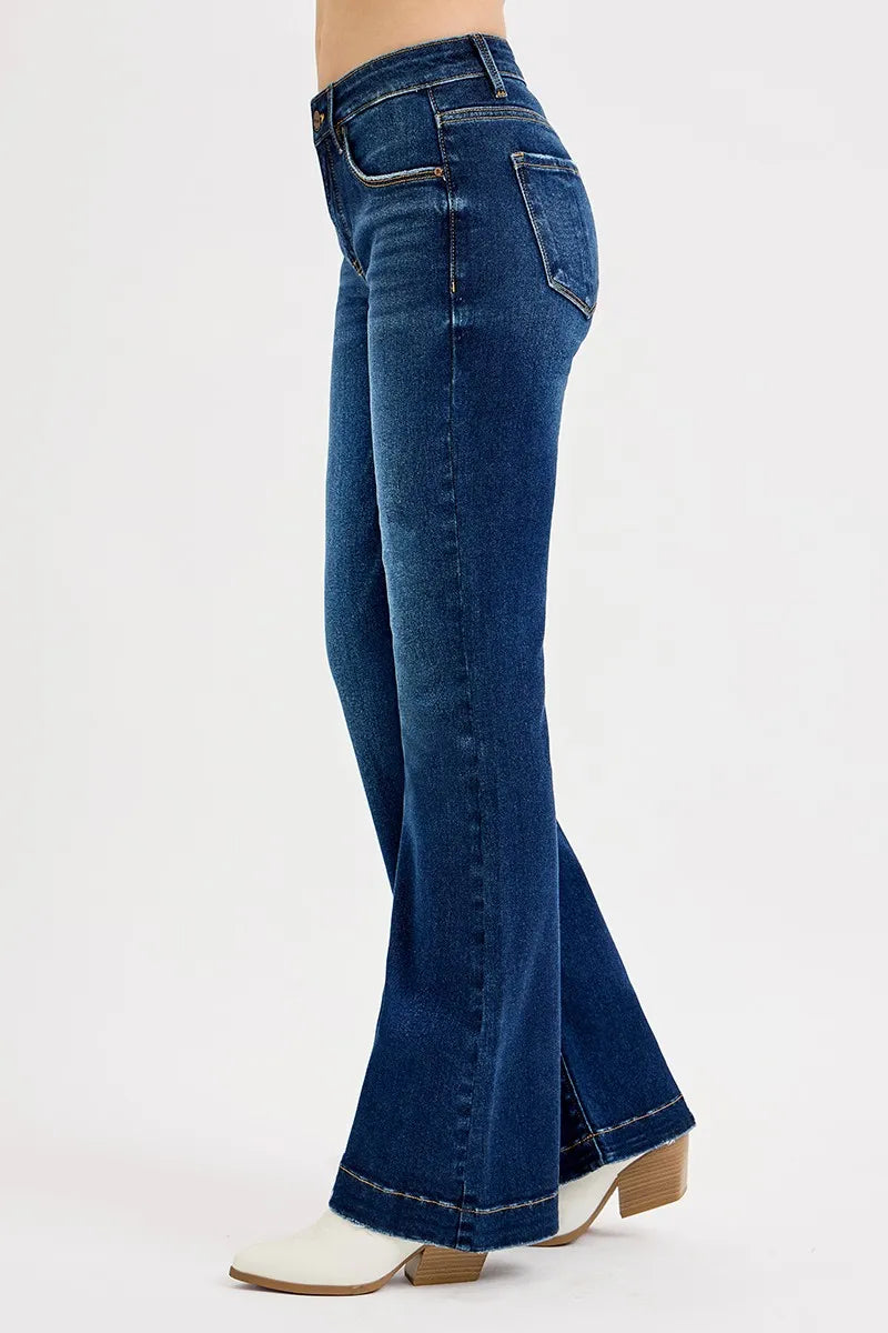 RISEN Full SIze Tummy Control Mid Rise Flare Jeans DARK