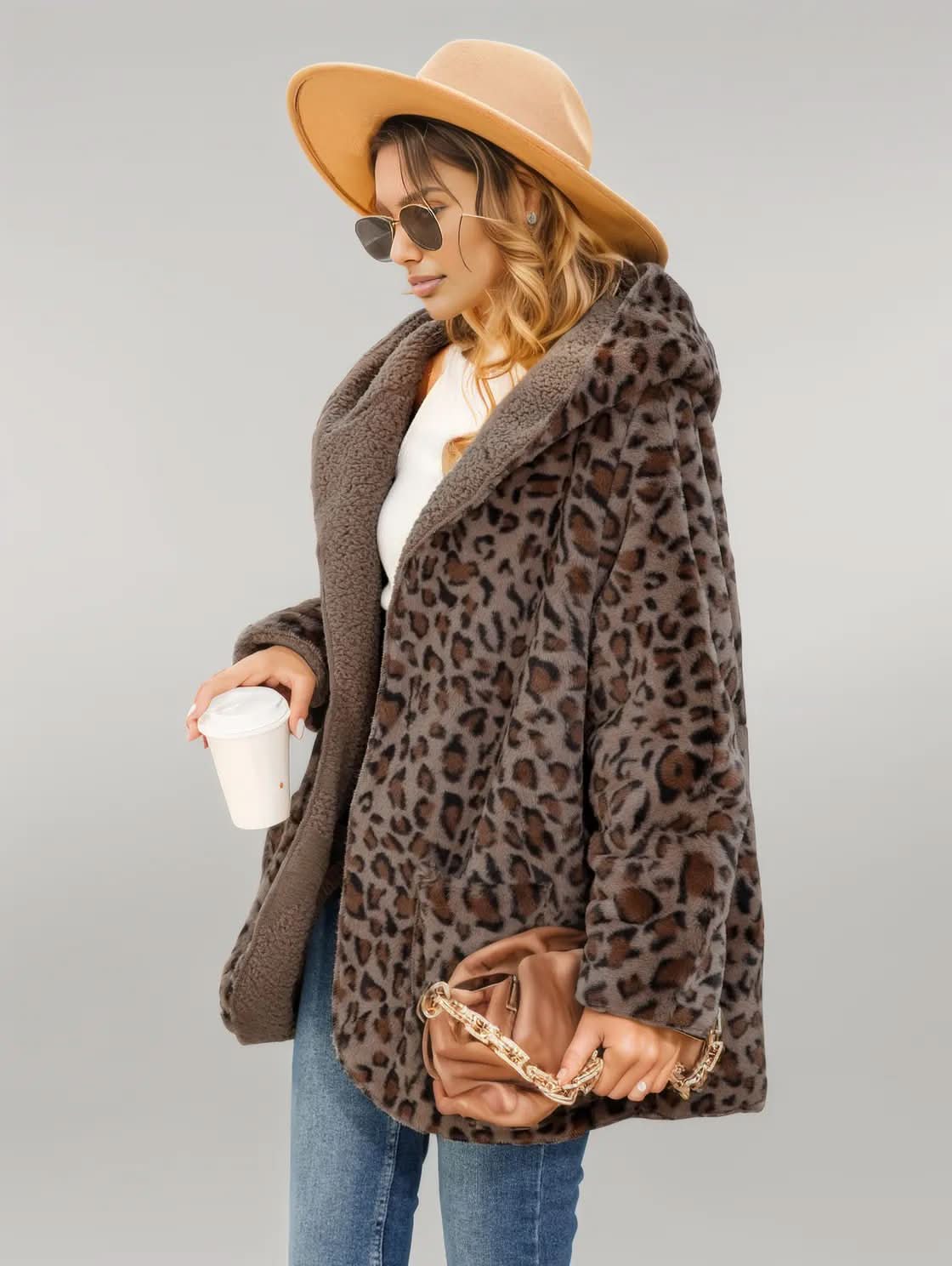Leopard Hooded Coat with Pockets