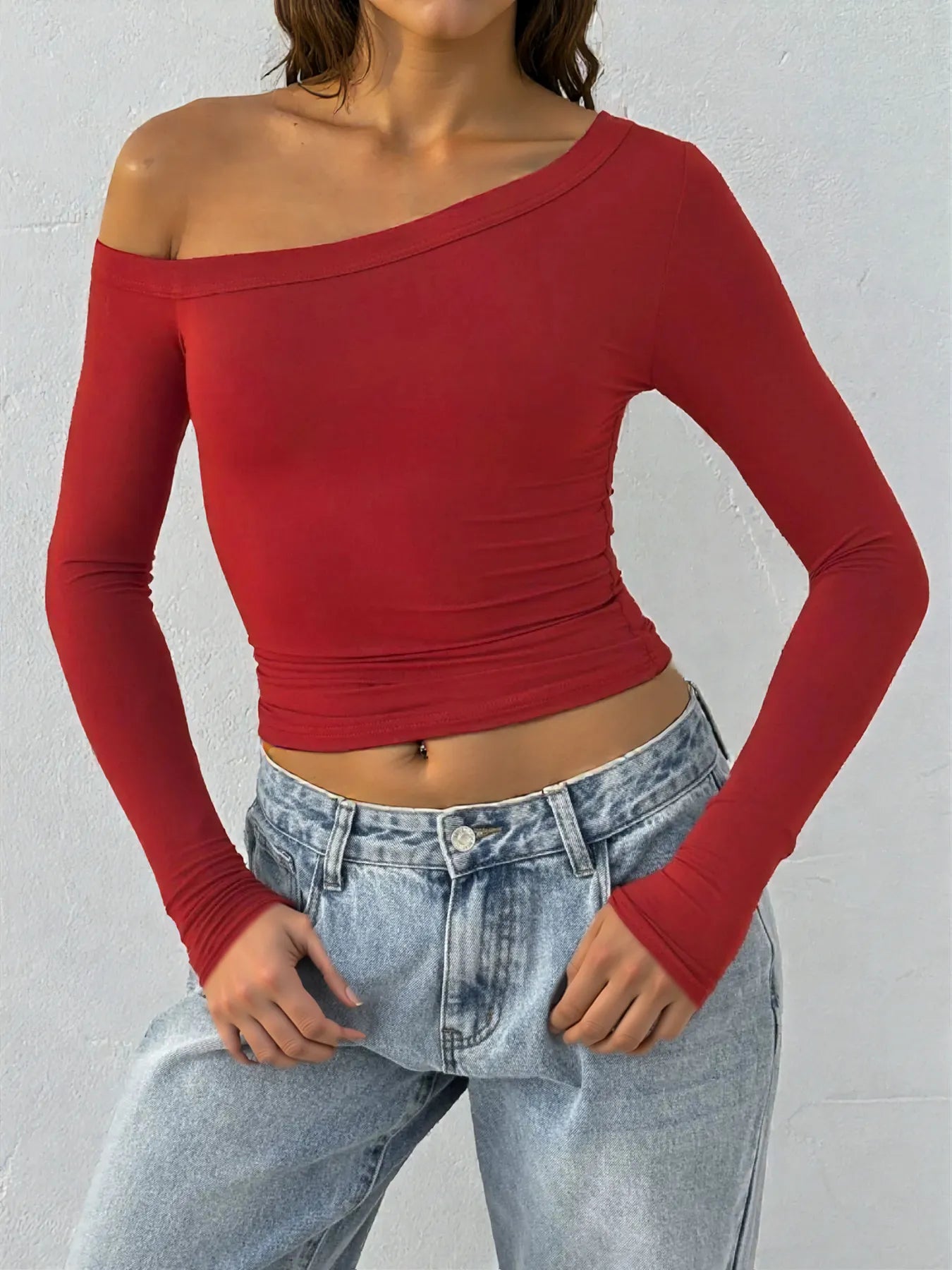 One Shoulder Long Sleeve Crop T-Shirt Red